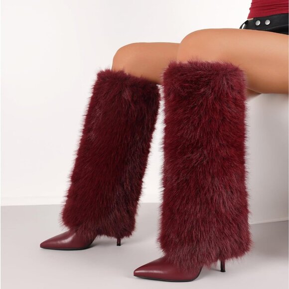 Women's B-Wine Red Suede Fur Knee High Heels Wide Calf Fold Fashion Boots Shoes - Picture 7 of 7